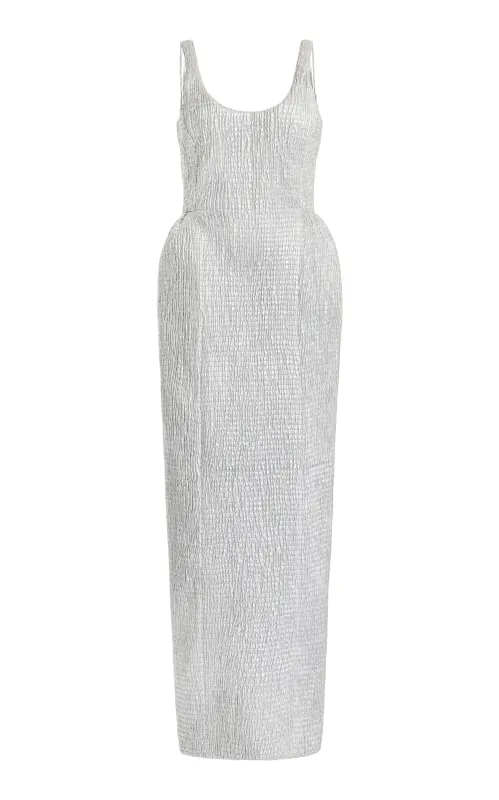 Girard Shirred Maxi Dress with Lining in Silver Metallic Nappa Leather made by Gabriela Hearst