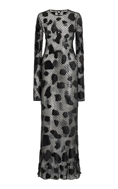 Romeo Crochet Maxi Dress in Black Merino Wool with Nappa Leather Patches made by Gabriela Hearst