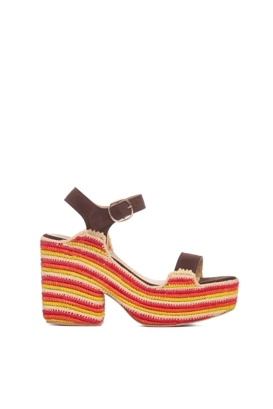 Sardis Platform Sandal in Dark Chocolate Multi Suede & Natural Raffia made by Gabriela Hearst