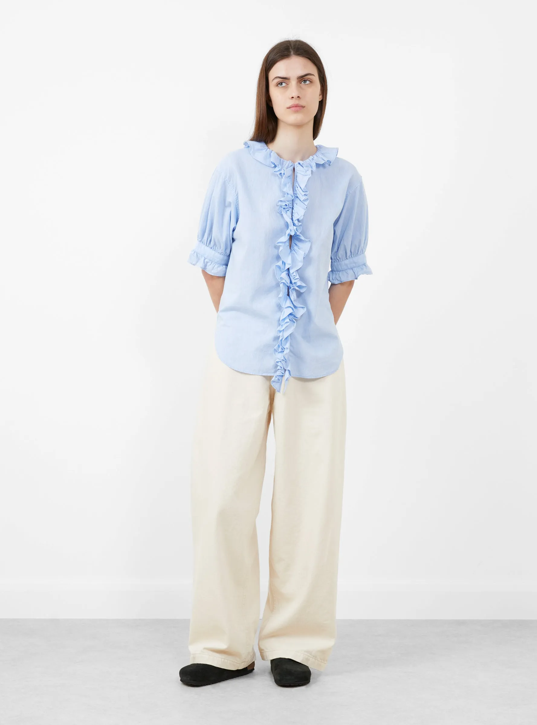 Frill Short Sleeve Blouse Sax sold by Garbstore