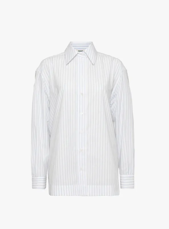 Japanese Cotton Stripe June Shirt White and Sky Check sold by Garbstore