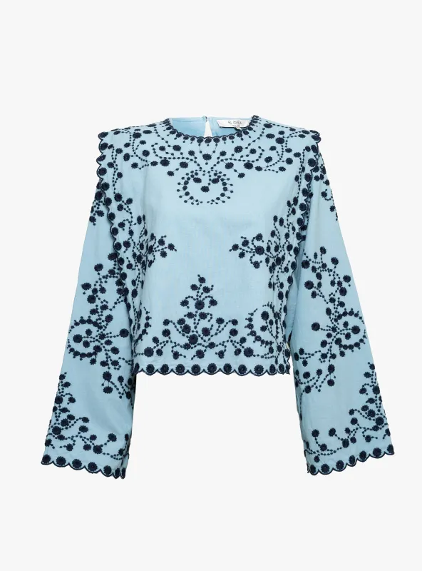 Frances Long Sleeve Embroidered Top Blue made by Sea