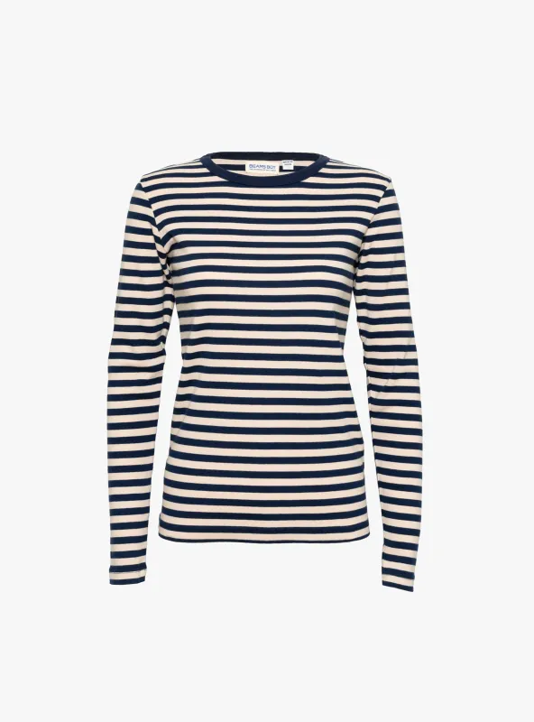 Rib Knitted Stripe Long Sleeve T-Shirt Navy and Natural made by BEAMS BOY