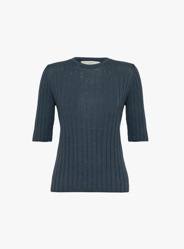 Ribbed Short Sleeve T-Shirt Stone Navy made by 7115 by Szeki