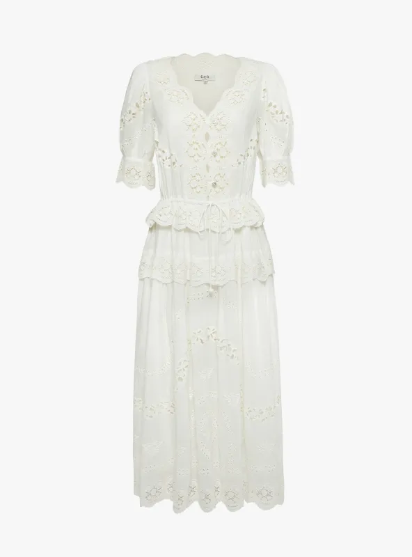 Sofia Embroidery Puff Sleeve Dress White made by Sea