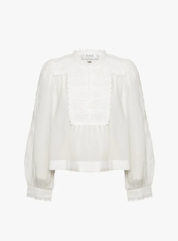 Eliza Solid Long Sleeve Top White made by Sea