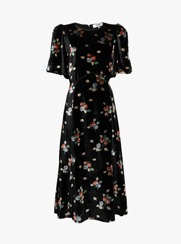 Leda Velvet Puff Sleeve Midi Dress Black made by Sea