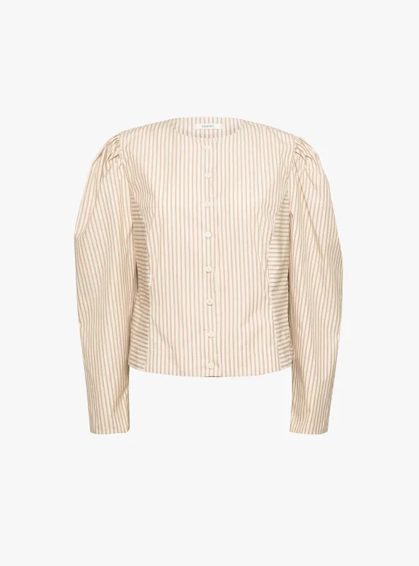 Japanese Striped Cotton Eliza Puff Sleeve Shirt Natural and Terracotta made by Cawley