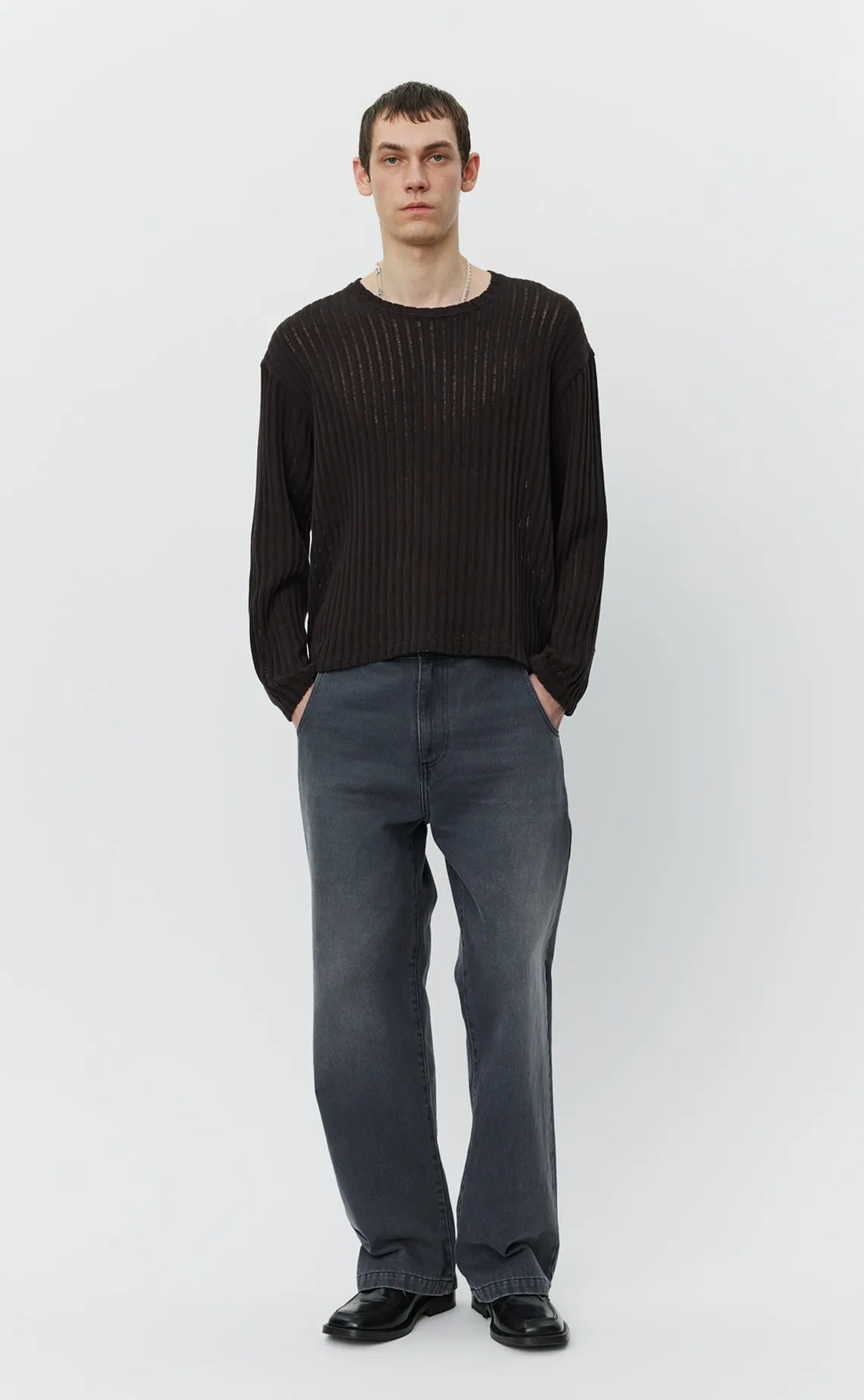 Round Neck Sweater - Dark Brown Ajour Stripe sold by mfpen Mens