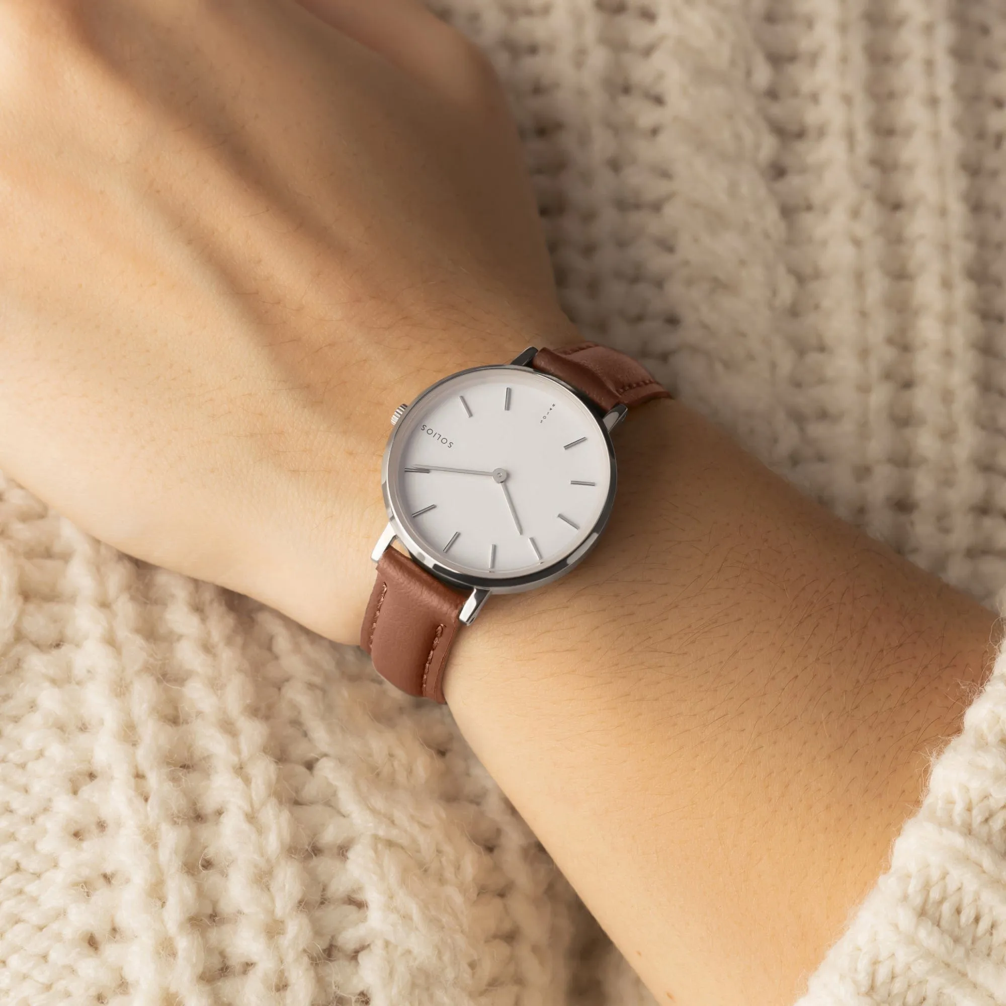Watch Set - Solar Classic & Mini | White Dial - Silver Case | Brown Vegan Leather sold by SOLIOS product image thumbnail 3