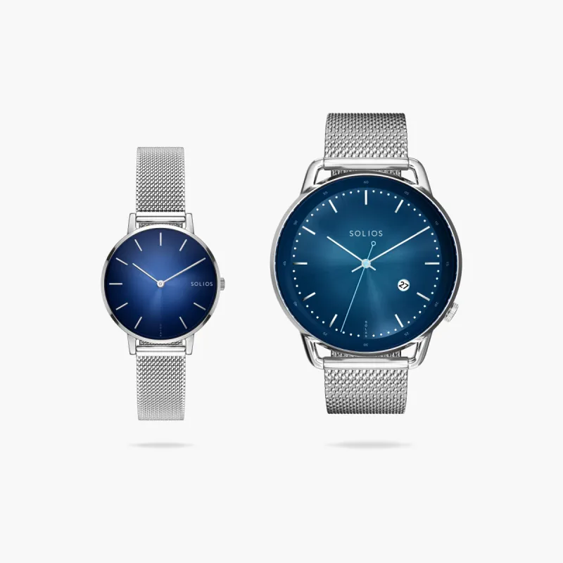 Watch Set - Solar Curve & Mini | Blue Dial - Silver Case | Silver Mesh sold by SOLIOS