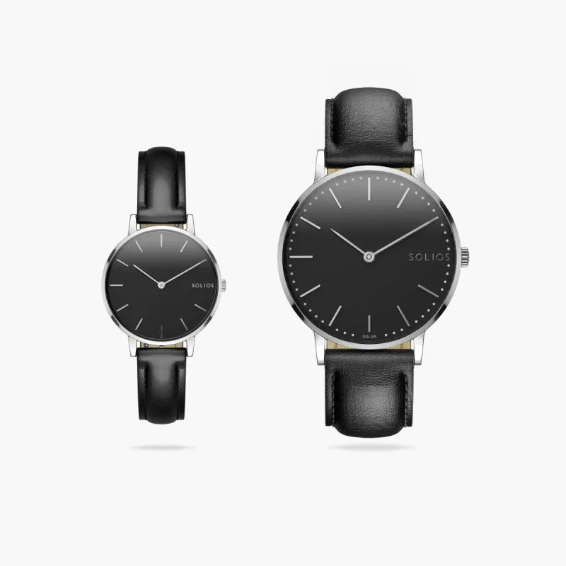 Watch Set - Solar Classic & Mini | Black Dial - Silver Case | Black Vegan Leather sold by SOLIOS