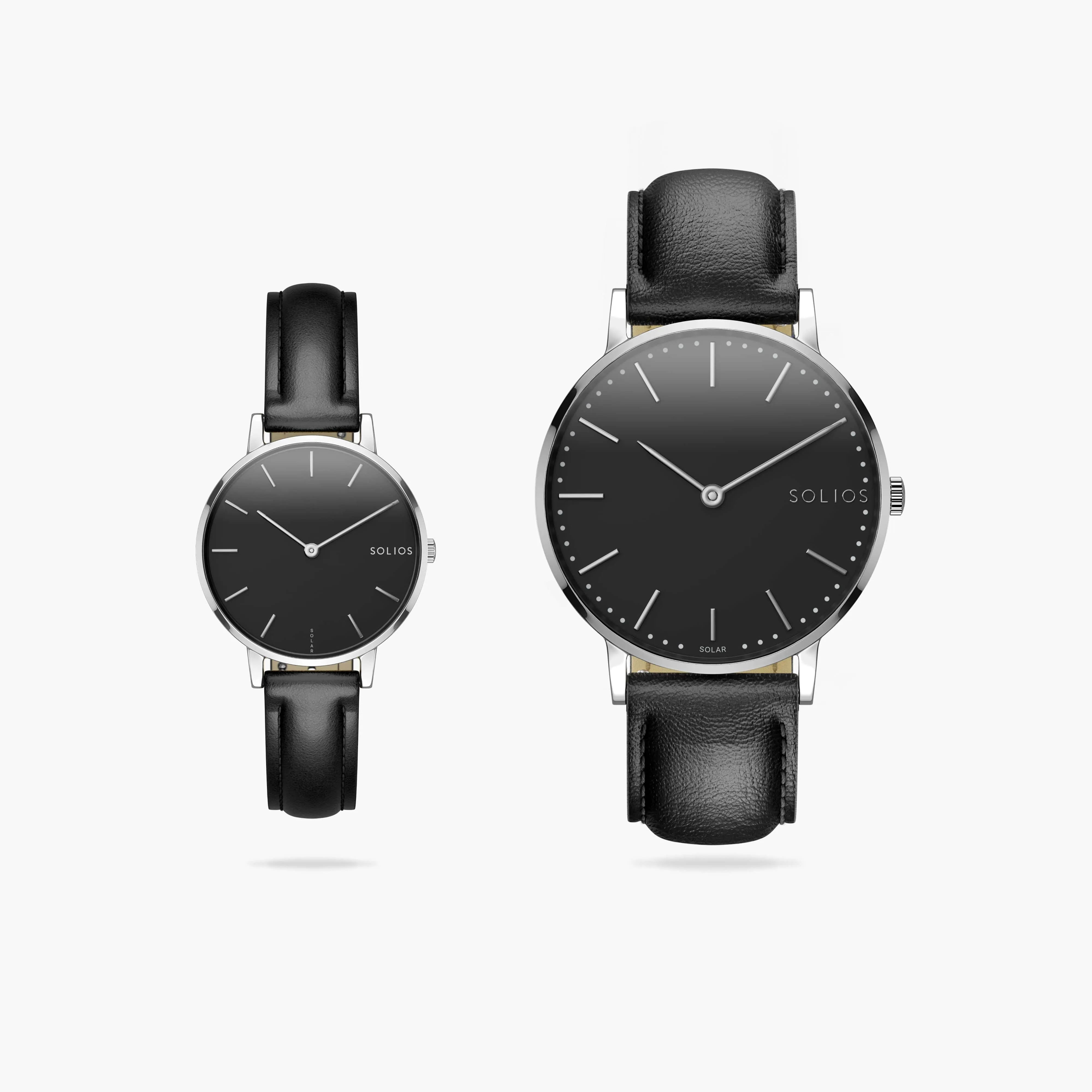 Watch Set - Solar Classic & Mini | Black Dial - Silver Case | Black Vegan Leather sold by SOLIOS
