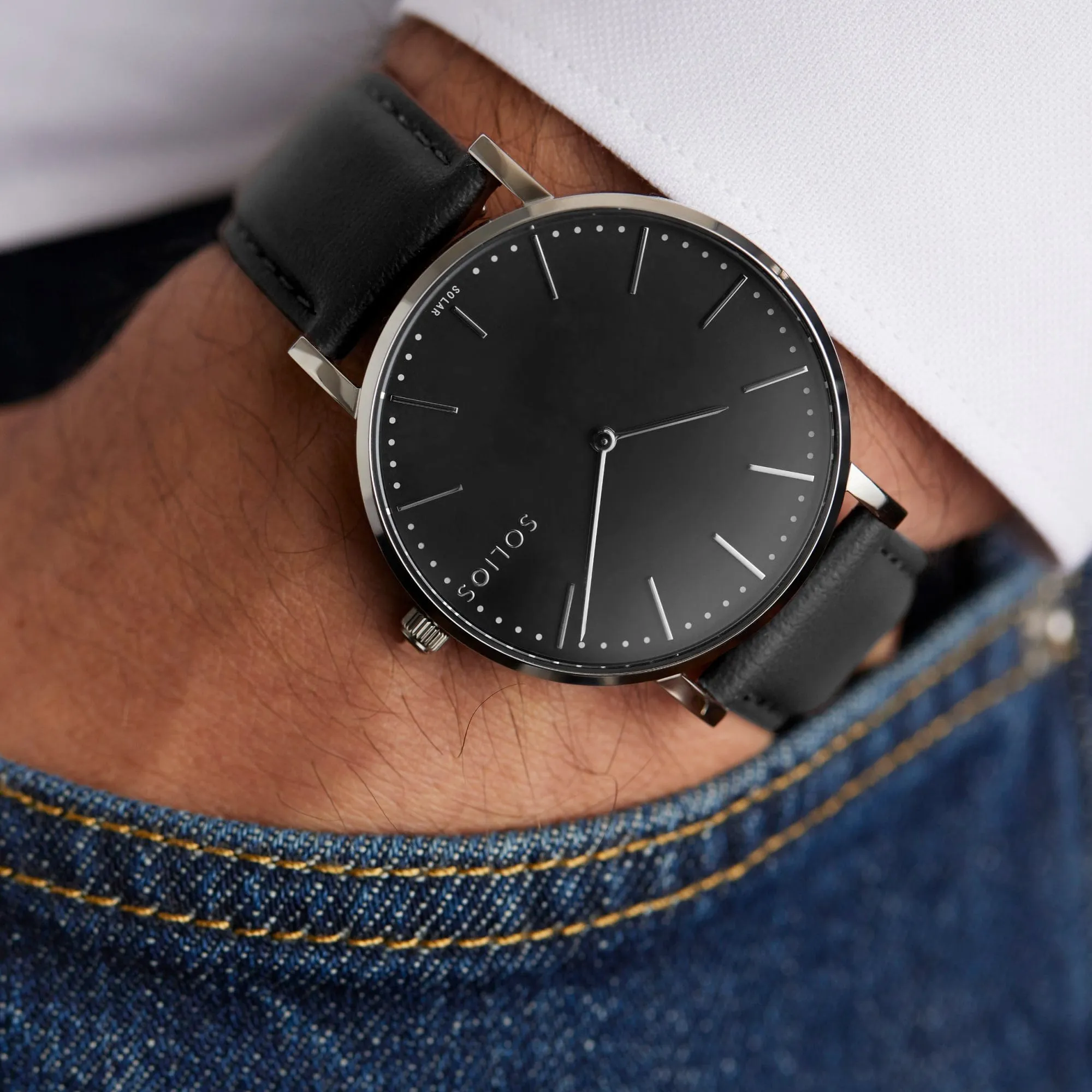 Watch Set - Solar Classic & Mini | Black Dial - Silver Case | Black Vegan Leather sold by SOLIOS product image thumbnail 4