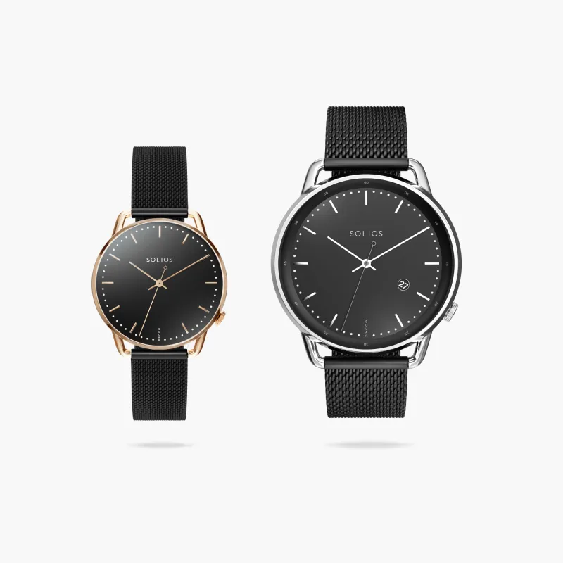 Watch Sets - Solar Curve & Curve Mini | Black Dial - Silver & Rose Gold Cases | Black Mesh sold by SOLIOS