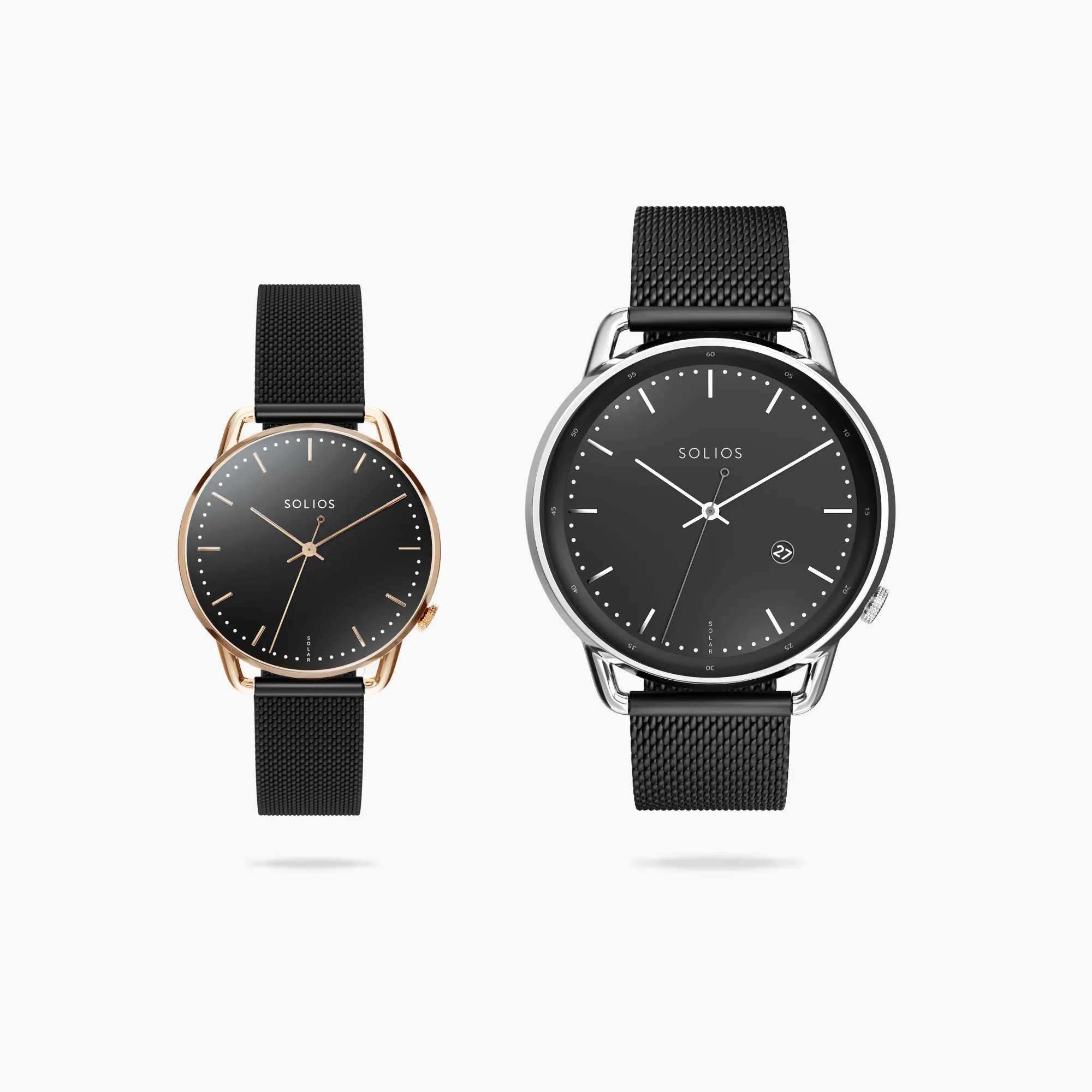 Watch Sets - Solar Curve & Curve Mini | Black Dial - Silver & Rose Gold Cases | Black Mesh sold by SOLIOS
