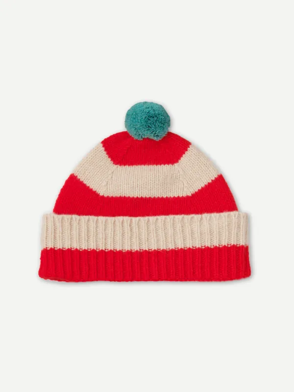 STRIPE POMPOM HAT POPPY & OATMEAL sold by Jo Gordon