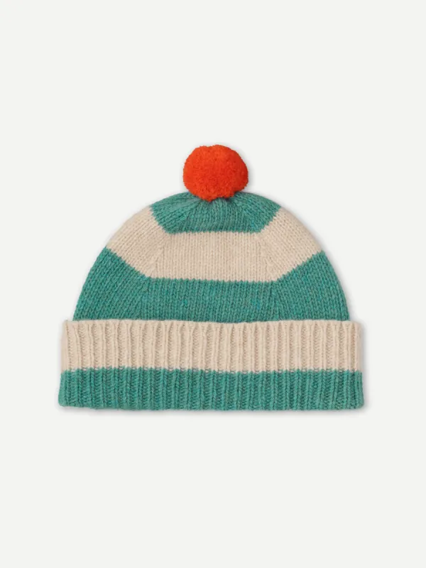 STRIPE POMPOM HAT JADE & OATMEAL sold by Jo Gordon