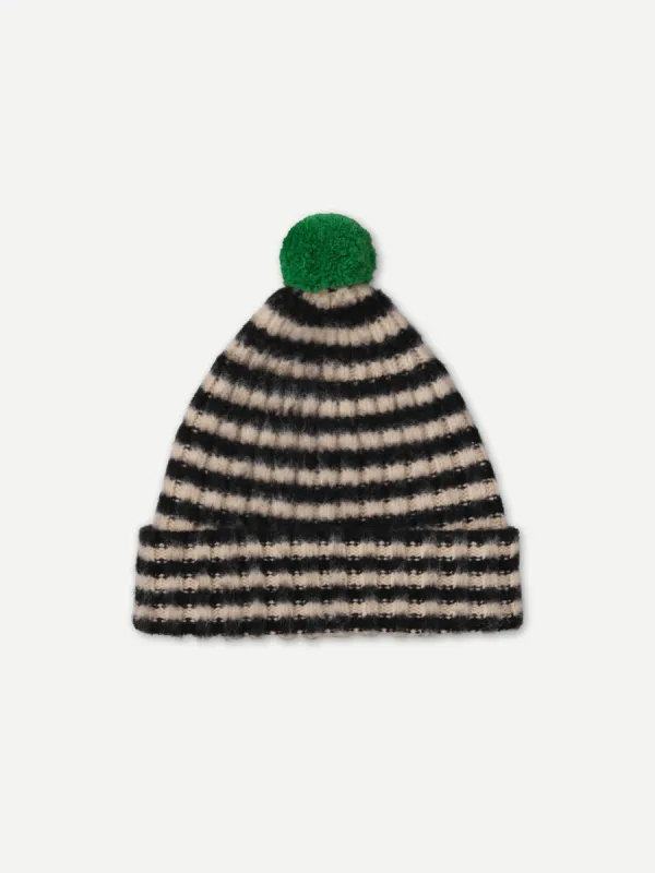 BRUSHED NARROW STRIPE HAT WITH CONTRAST POMPOM BLACK & OATMEAL sold by Jo Gordon