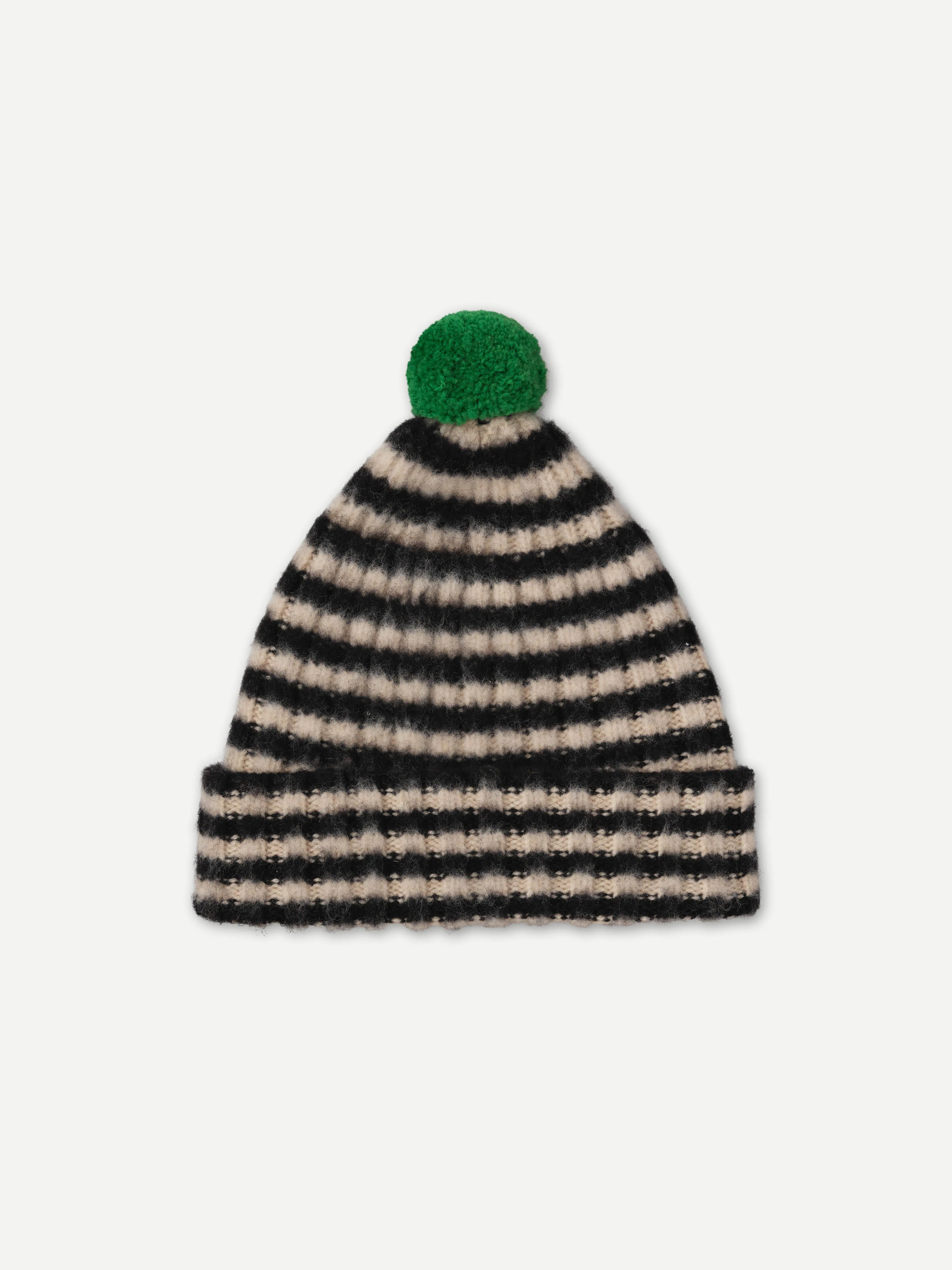 BRUSHED NARROW STRIPE HAT WITH CONTRAST POMPOM BLACK & OATMEAL sold by Jo Gordon