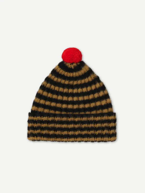 BRUSHED NARROW STRIPE HAT WITH CONTRAST POMPOM BLACK & BULLION sold by Jo Gordon