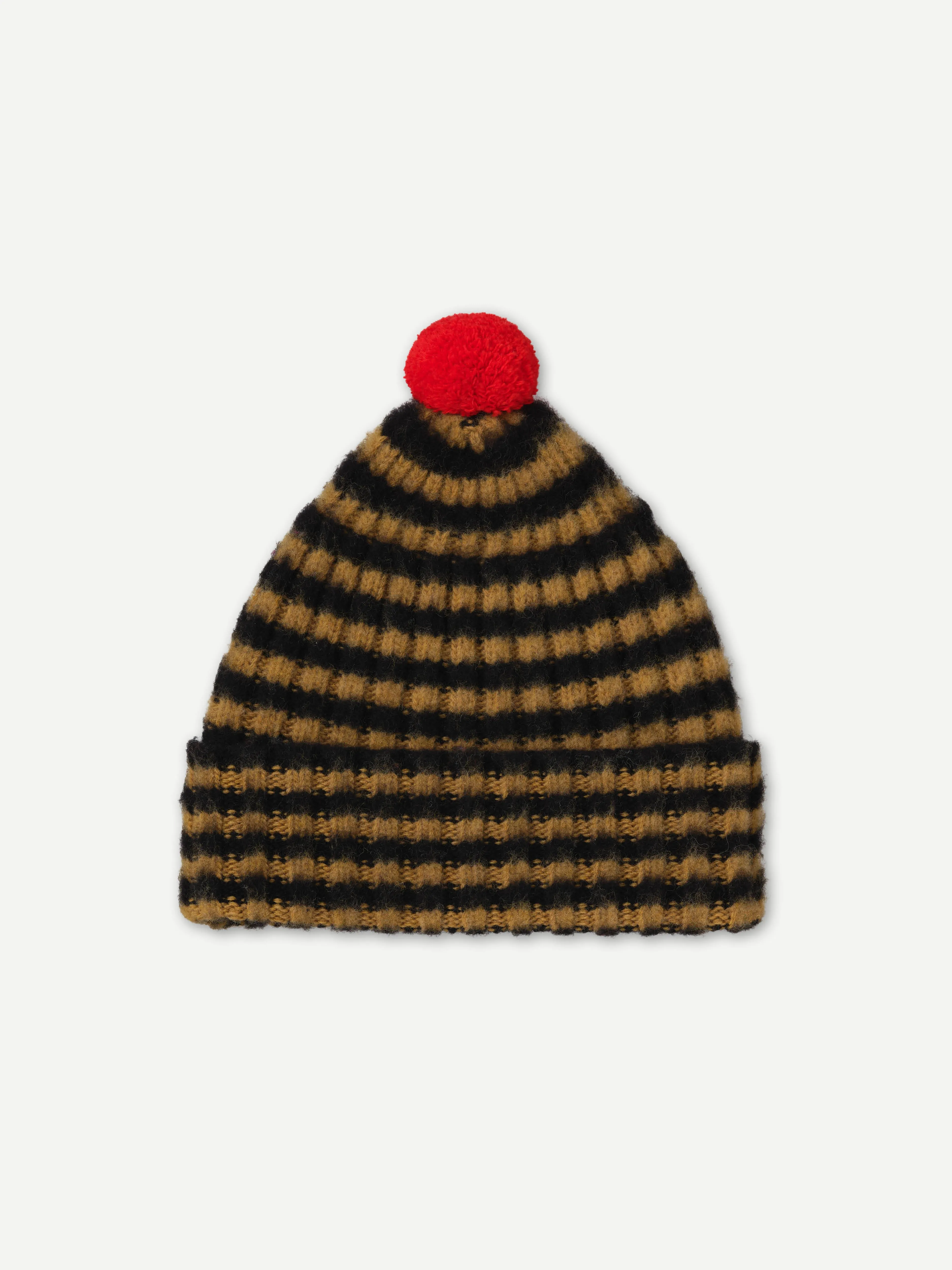 BRUSHED NARROW STRIPE HAT WITH CONTRAST POMPOM BLACK & BULLION sold by Jo Gordon