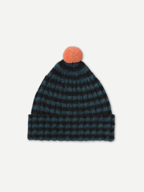 BRUSHED NARROW STRIPE HAT WITH CONTRAST POMPOM BLACK & LUGANO sold by Jo Gordon