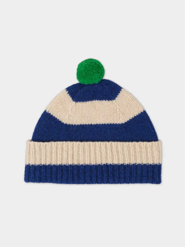 STRIPE POMPOM HAT NIGHTSKY & OATMEAL sold by Jo Gordon