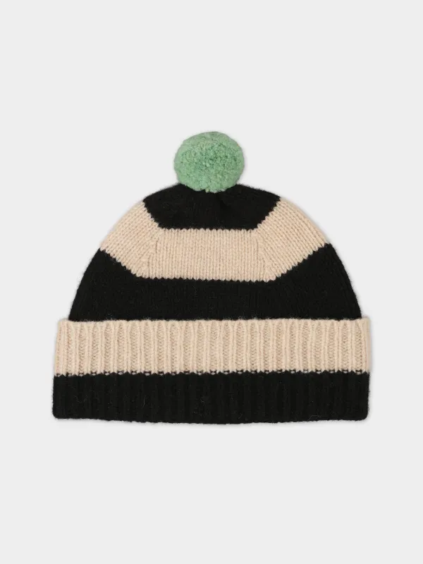 STRIPE POMPOM HAT BLACK & OATMEAL sold by Jo Gordon
