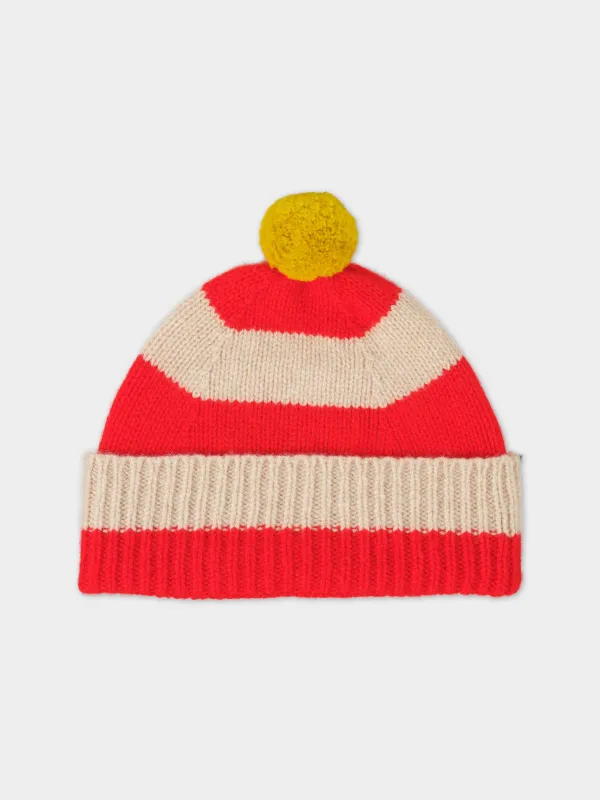 STRIPE POMPOM HAT POPPY & OATMEAL sold by Jo Gordon