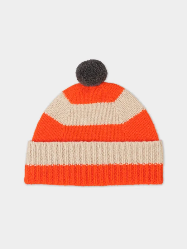 STRIPE POMPOM HAT ORANGE GLOSS & OATMEAL sold by Jo Gordon