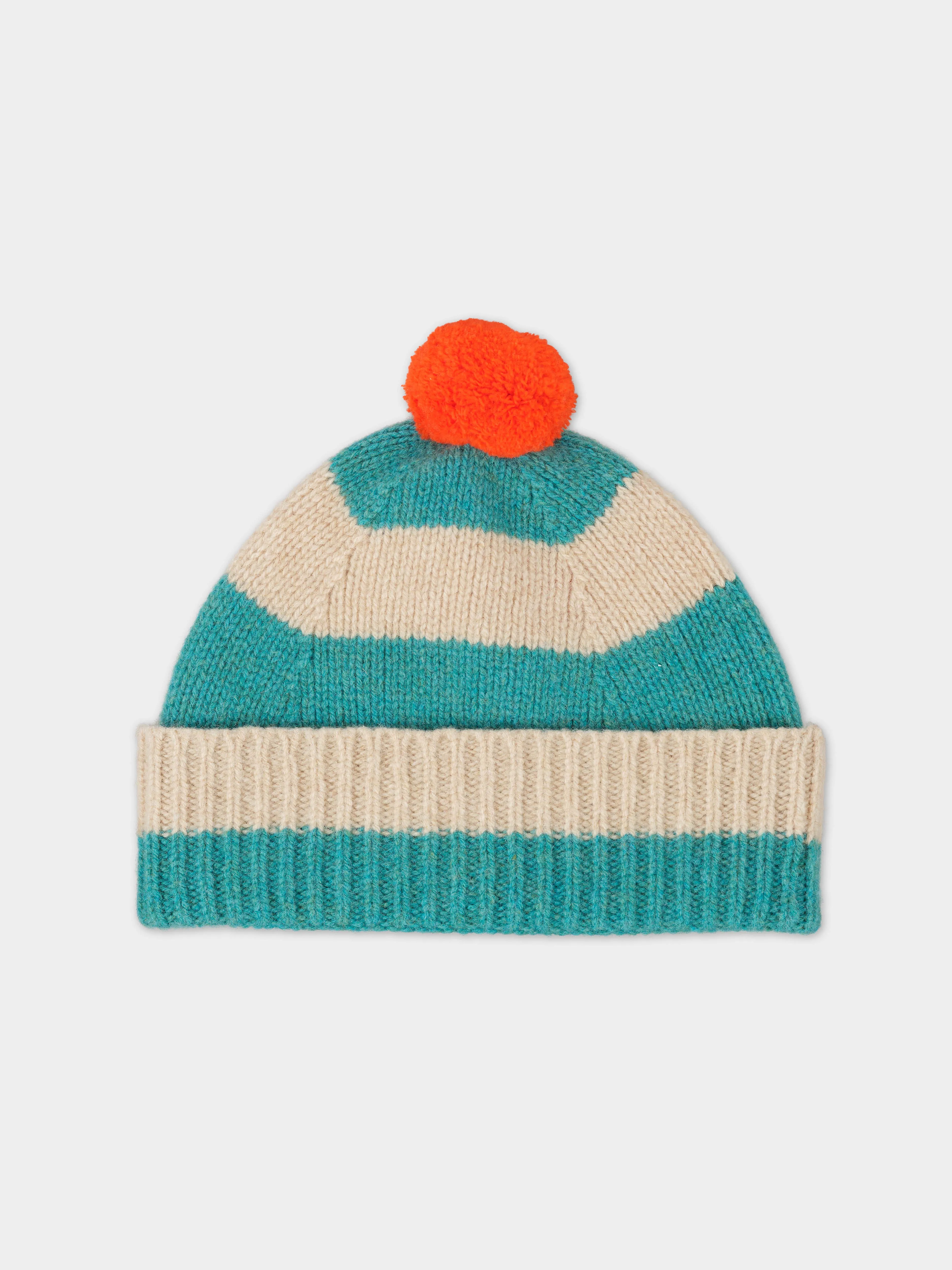 STRIPE POMPOM HAT JADE & OATMEAL sold by Jo Gordon