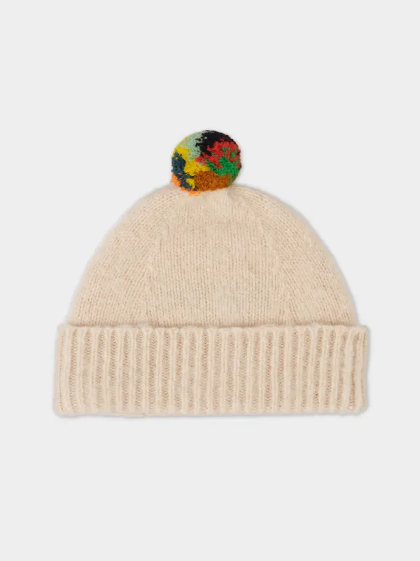 BRUSHED PLAIN HAT STRIPE POMPOM OATMEAL sold by Jo Gordon