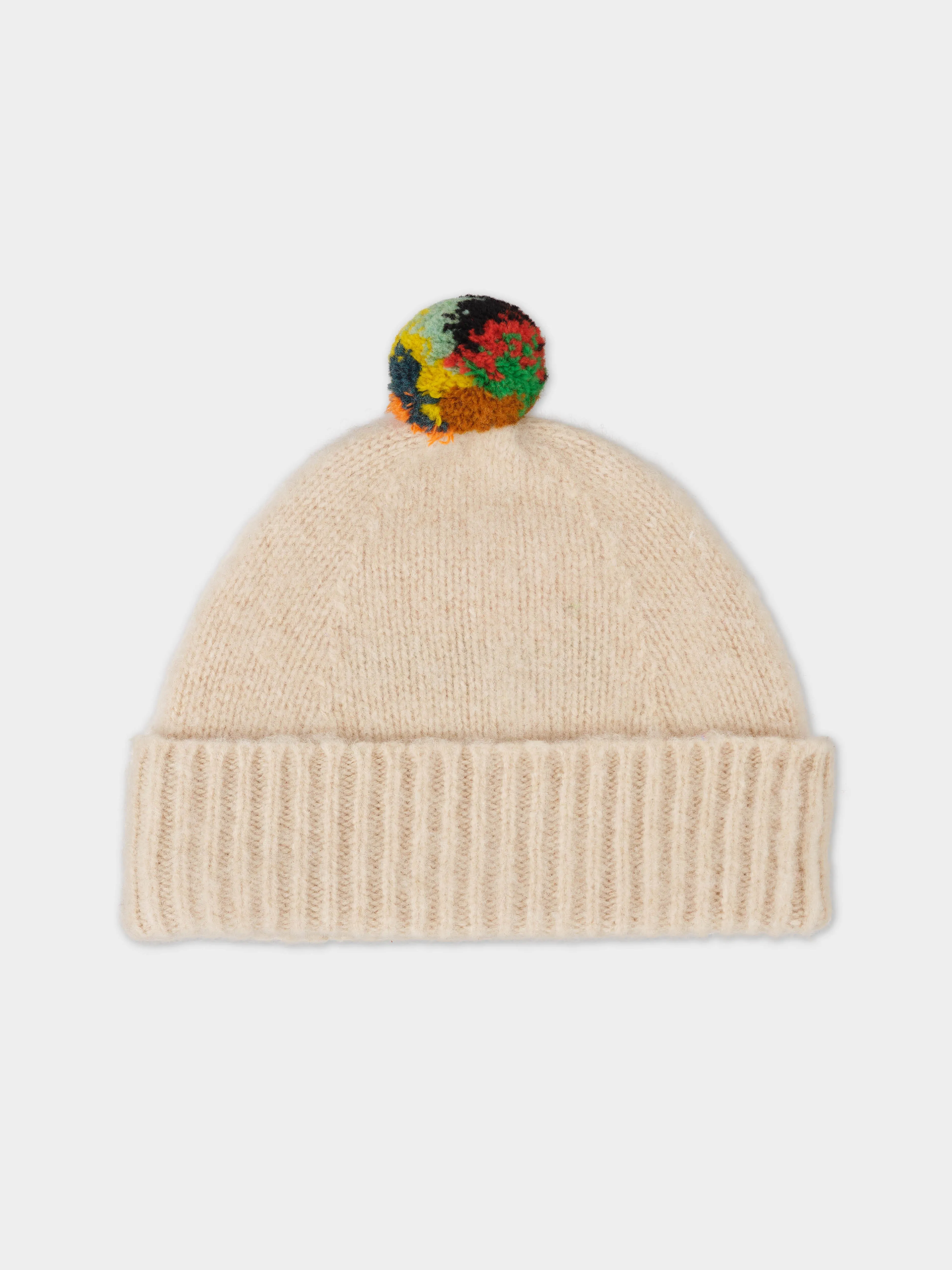 BRUSHED PLAIN HAT STRIPE POMPOM OATMEAL sold by Jo Gordon