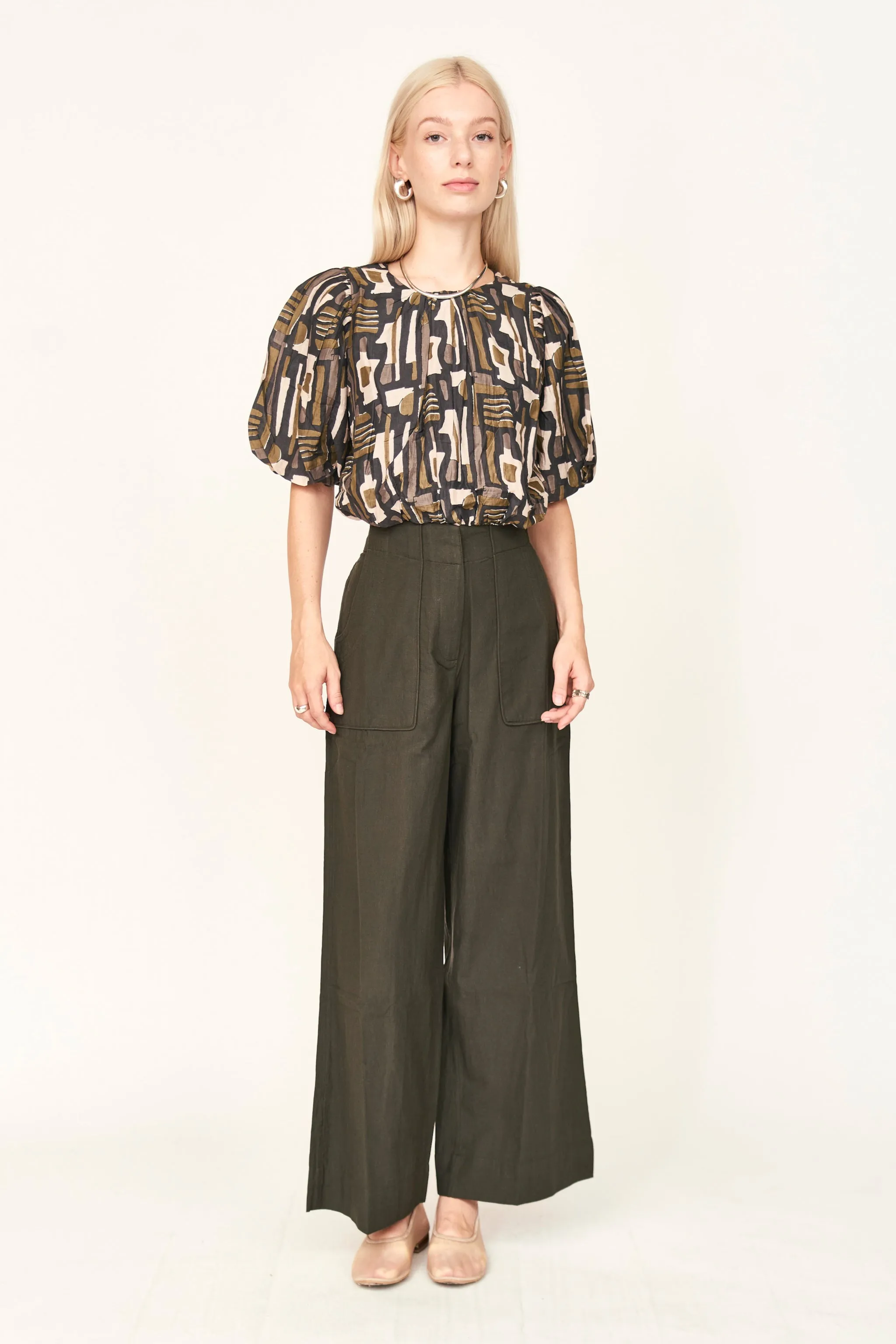 Andaman Bubble Top in Olive Labyrinth sold by Mirth