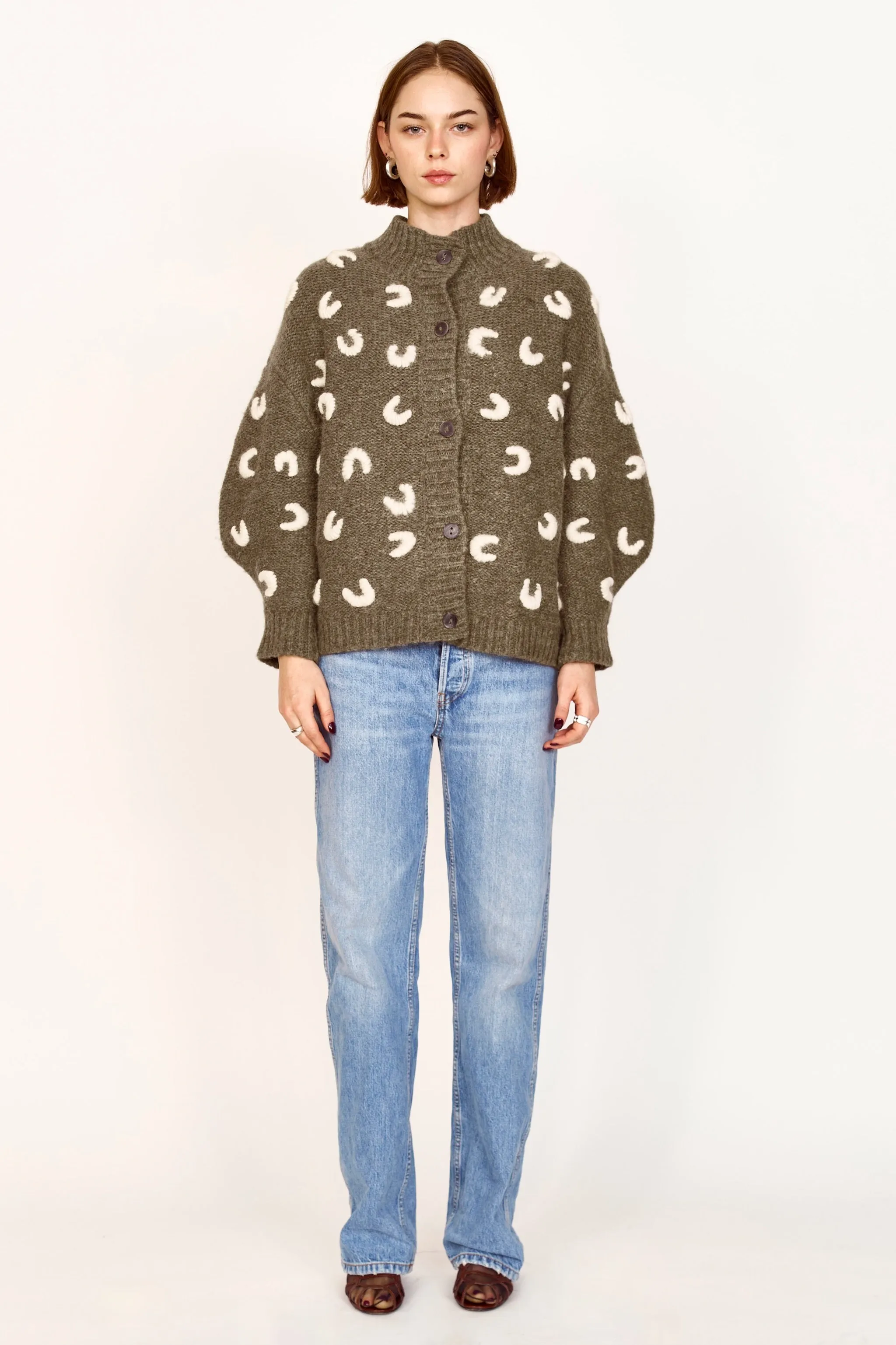 Cusco Croissant Cardigan in Olive/Ivory sold by Mirth