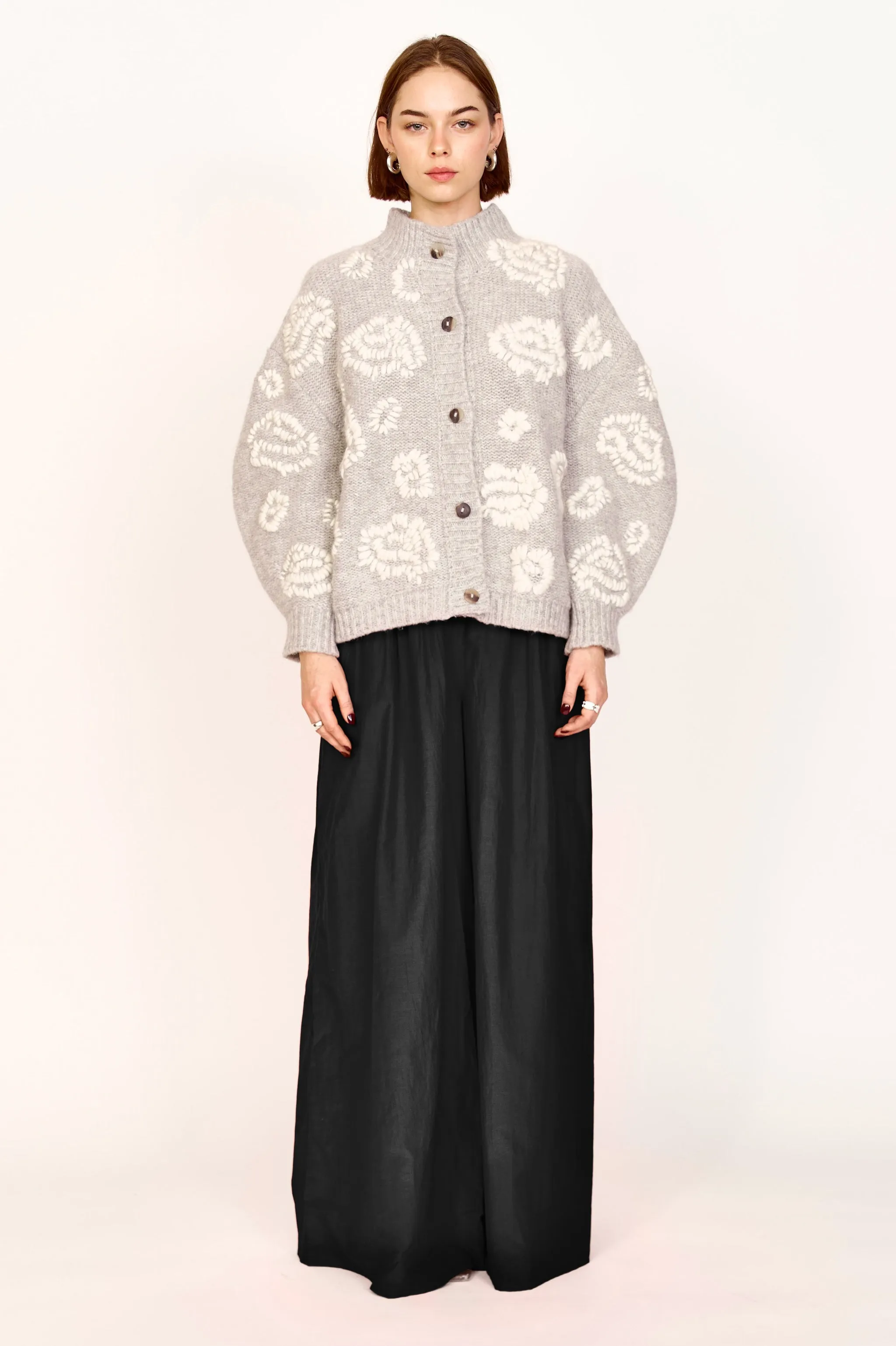 Cusco Waterlily Cardigan in Dove Grey/Ivory sold by Mirth