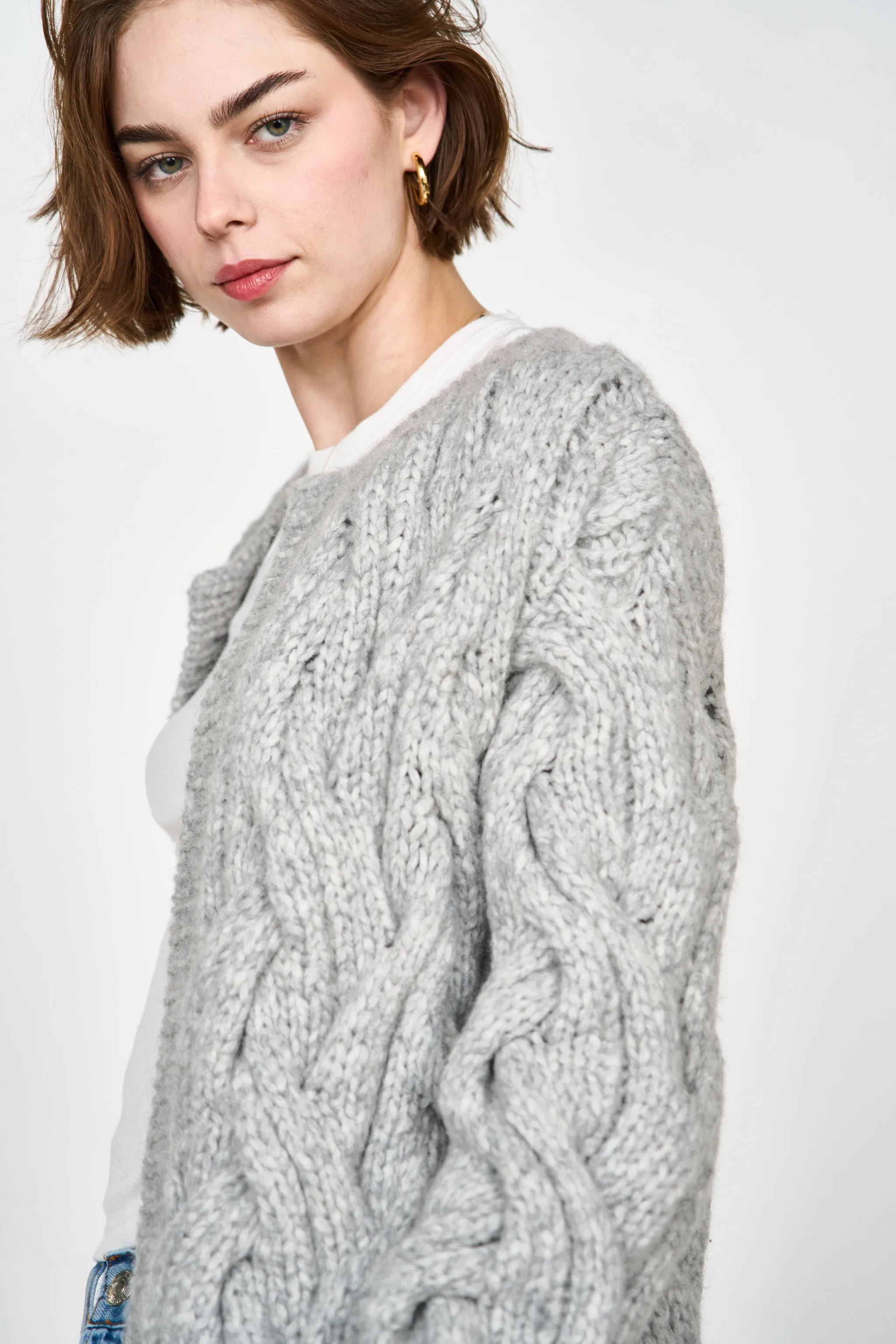 Handknit Cortina Cable Cardigan in Dove Grey sold by Mirth product image thumbnail 4