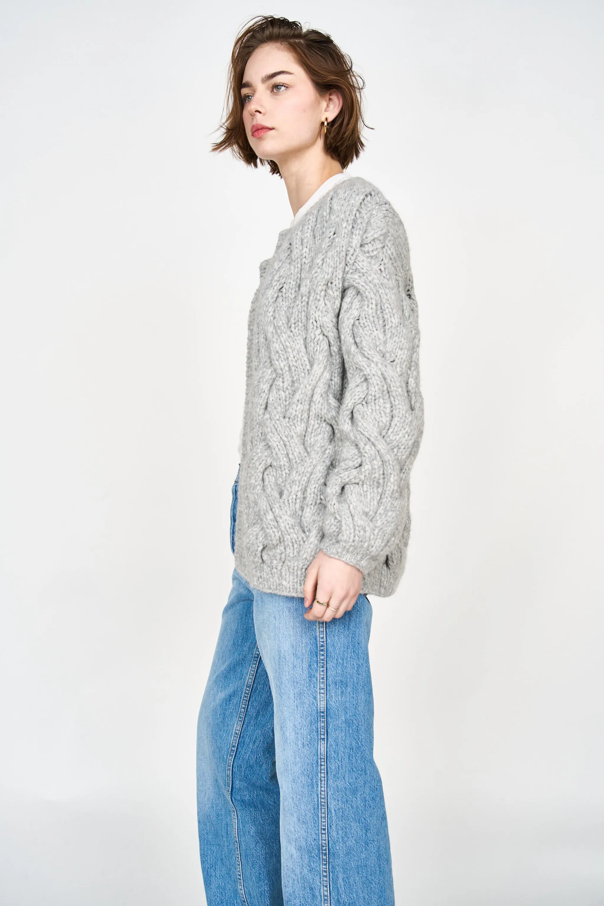 Handknit Cortina Cable Cardigan in Dove Grey sold by Mirth product image thumbnail 3