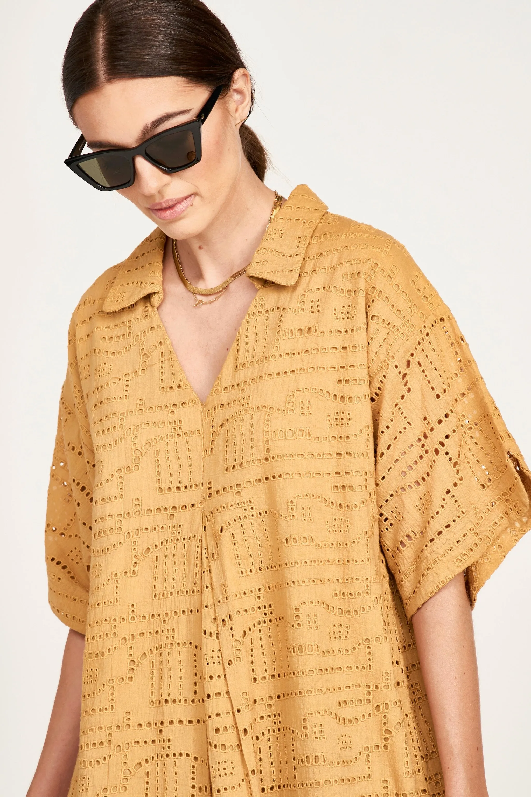 Lanai Popover Dress in Golden Eyelet sold by Mirth product image thumbnail 5