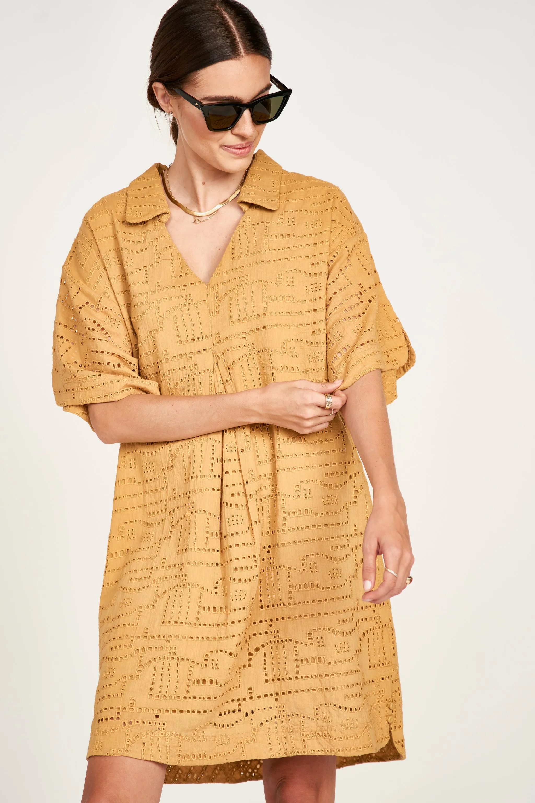 Lanai Popover Dress in Golden Eyelet sold by Mirth product image thumbnail 2