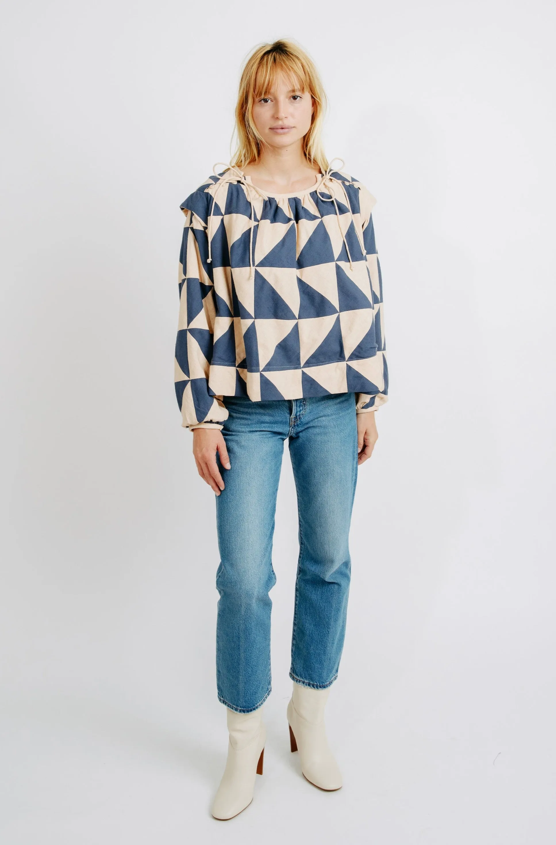 Malaga Top in Navy/Peach Patchwork sold by Mirth