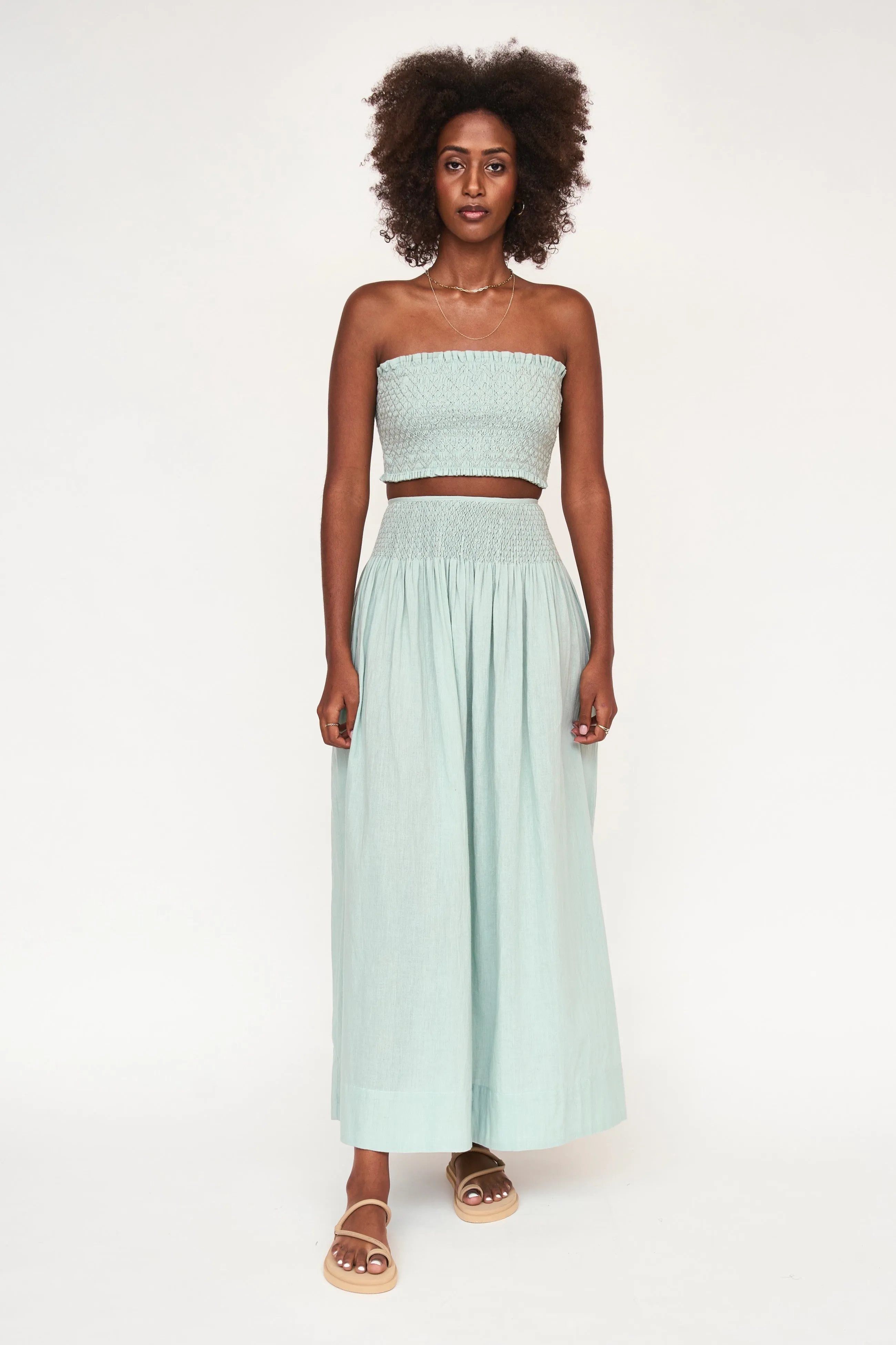 Savannah Smocked Skirt in Frost sold by Mirth