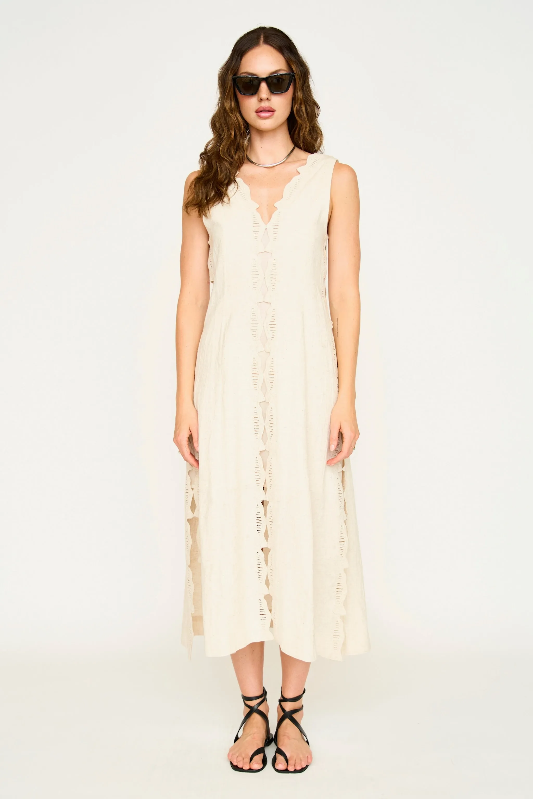 Barcelona Dress in Oat Marine Eyelet sold by Mirth