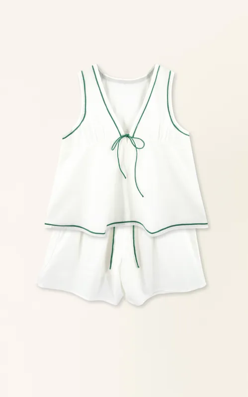 Pajama Tap Short & Camisole Set in White/Green (Ships mid-January) sold by Mirth