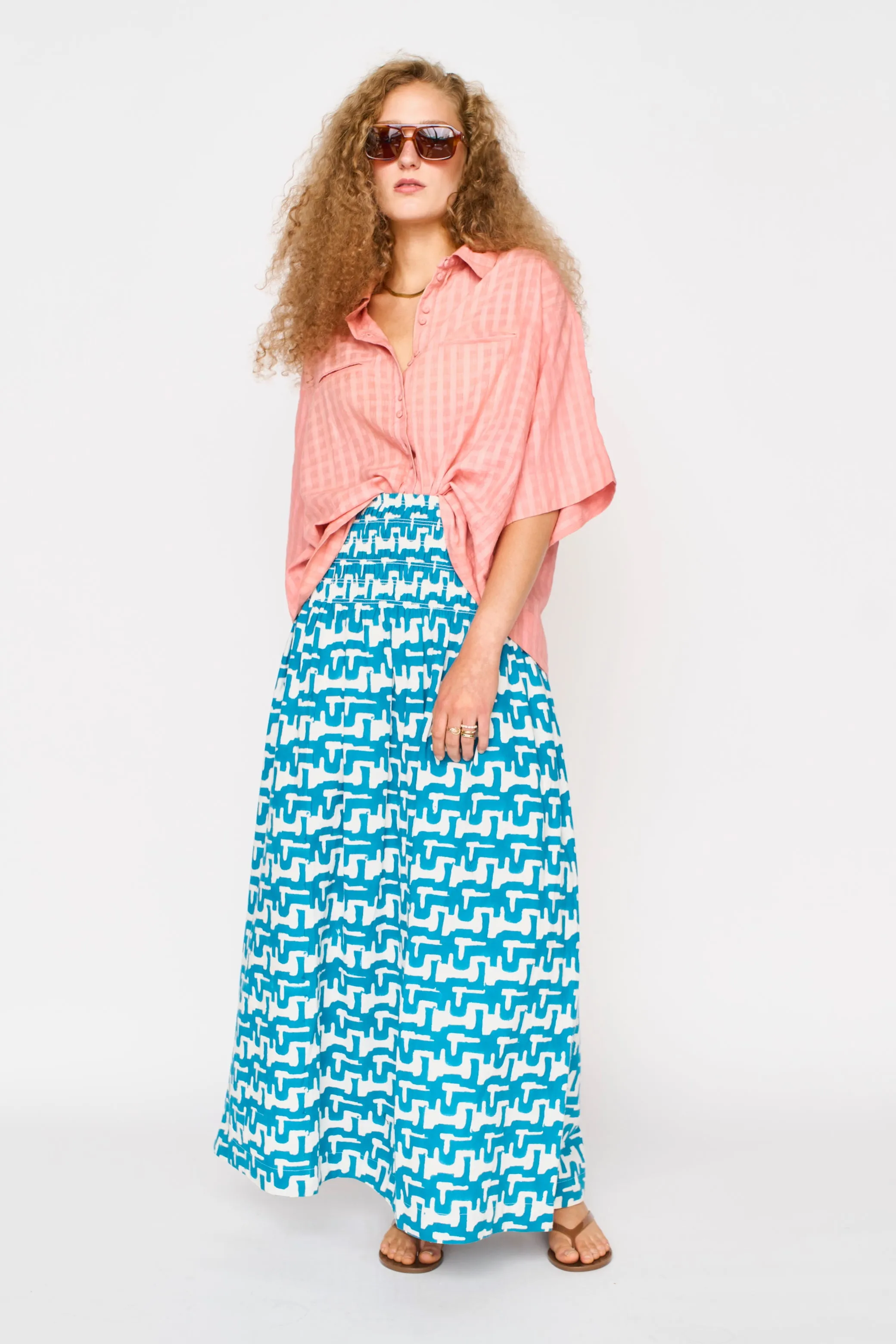 Savannah Smocked Skirt in Azure Popova sold by Mirth