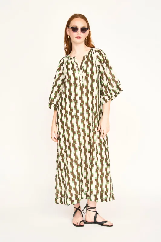 Faro Caftan in Chocolate Mint Hopscotch made by Mirth