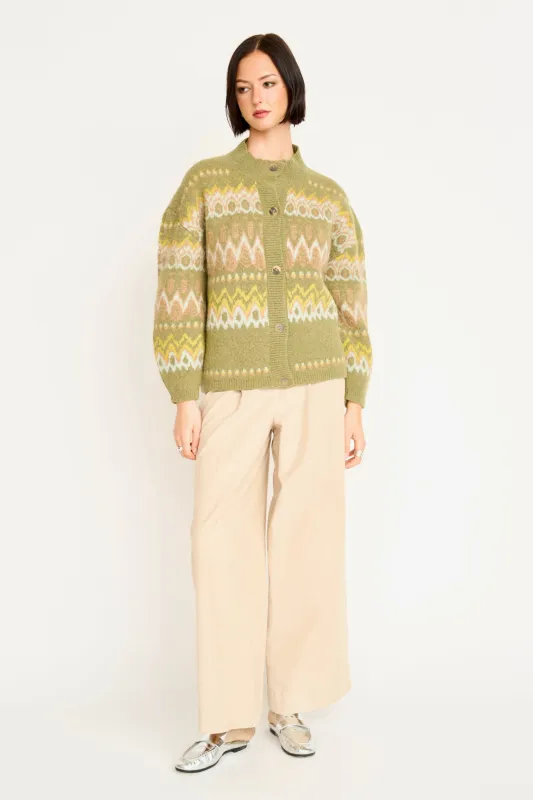 Cusco Fairisle Knit Cardigan in Olive Oil made by Mirth