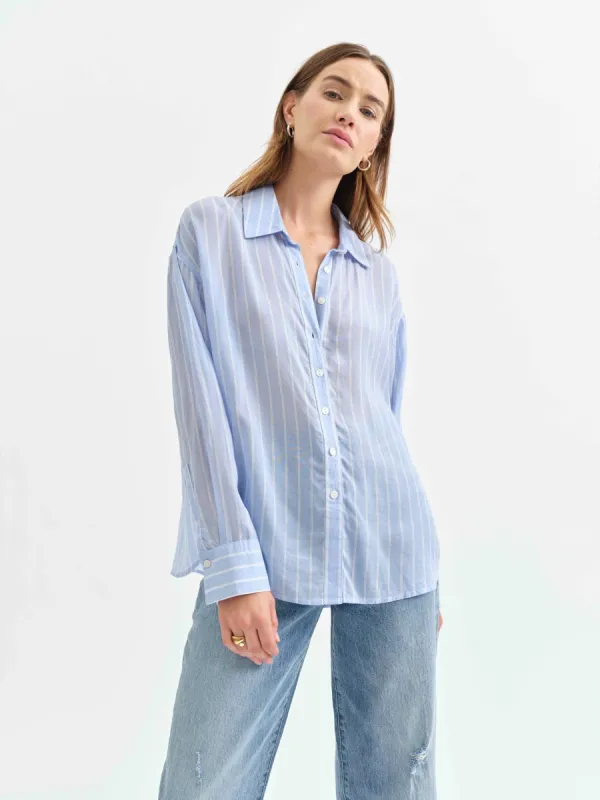 Lotus Back Tie Long Sleeve Shirt in Castle Stripe sold by Daze