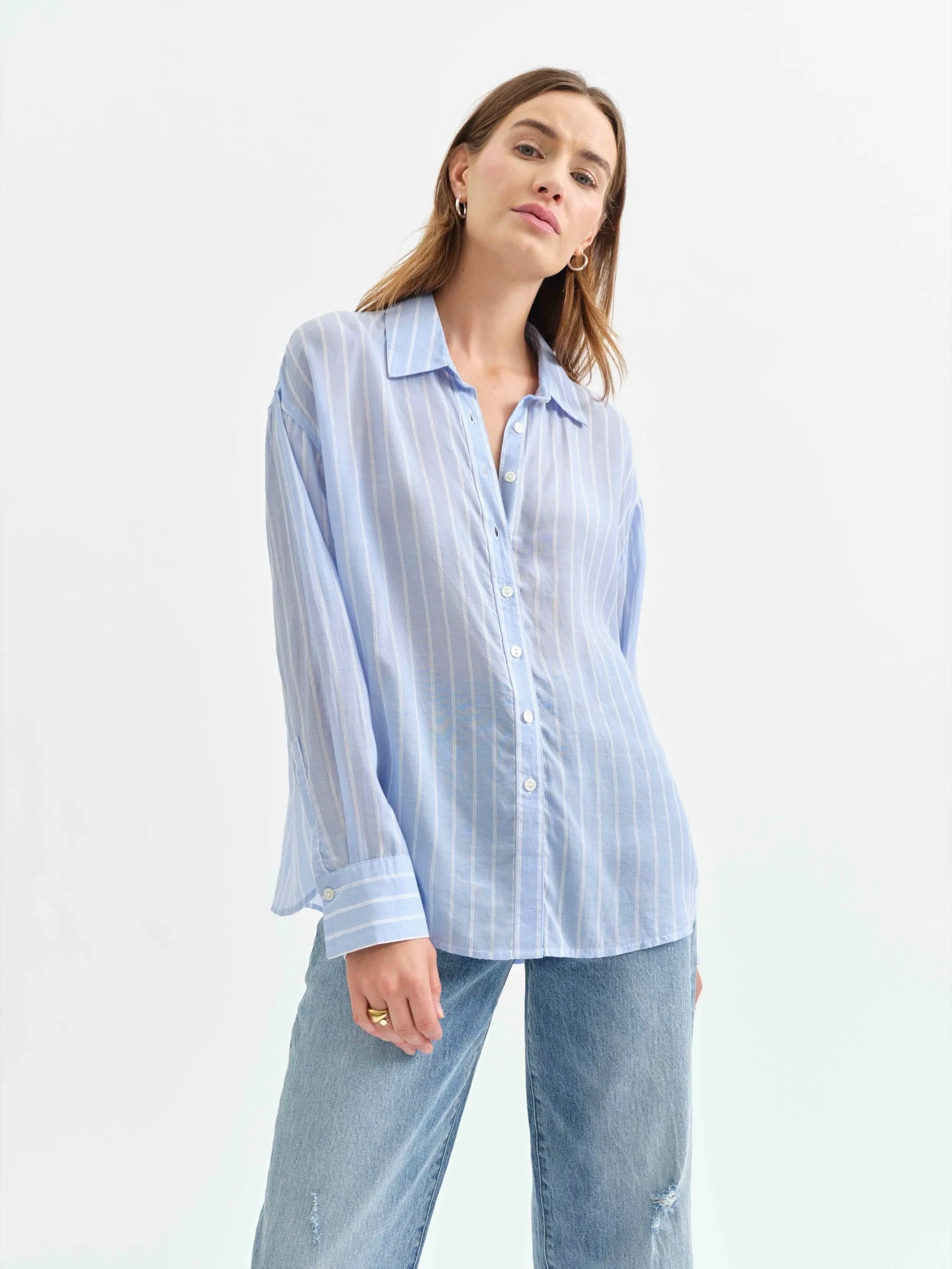 Lotus Back Tie Long Sleeve Shirt in Castle Stripe sold by Daze